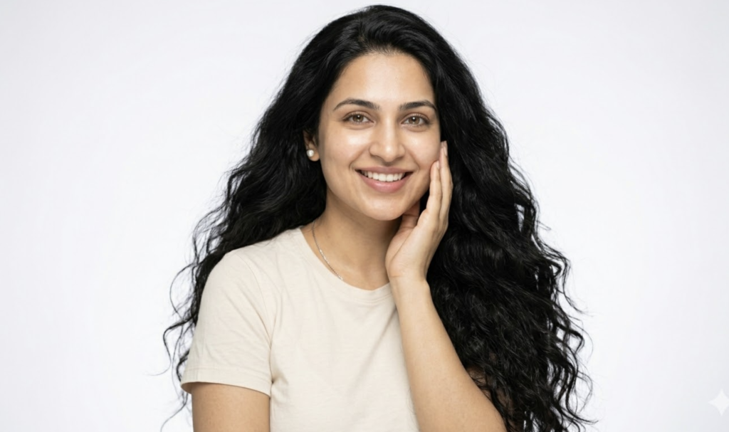 Indian woman with thick healthy shiny hair after professional hair treatment at clinic