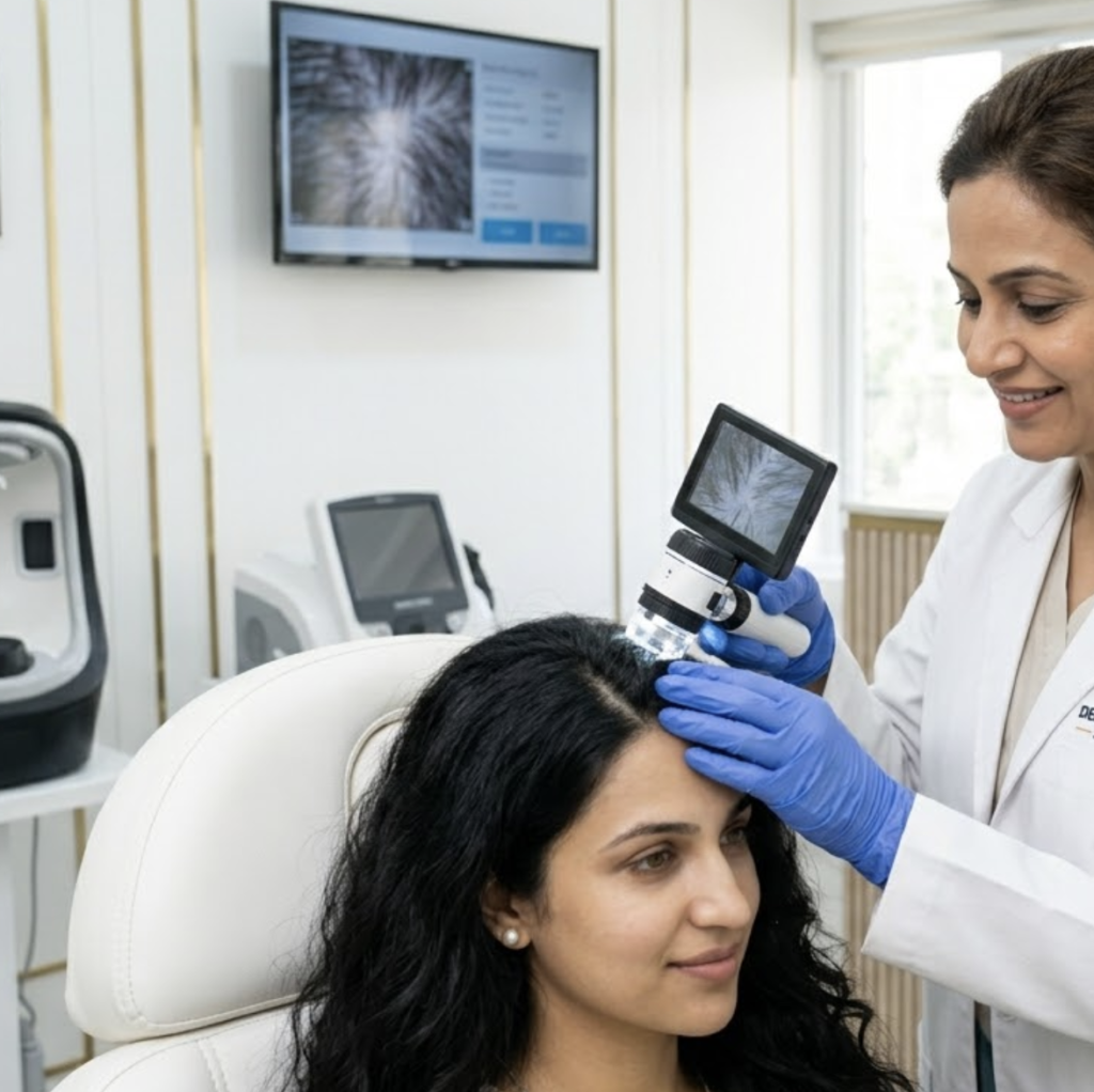 Dermatologist examining scalp for hair fall treatment at professional hair clinic India