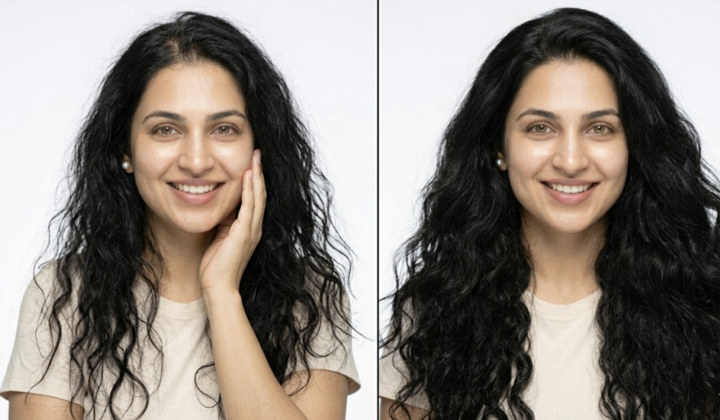 Before and after hair thinning treatment showing thick voluminous hair at professional hair clinic