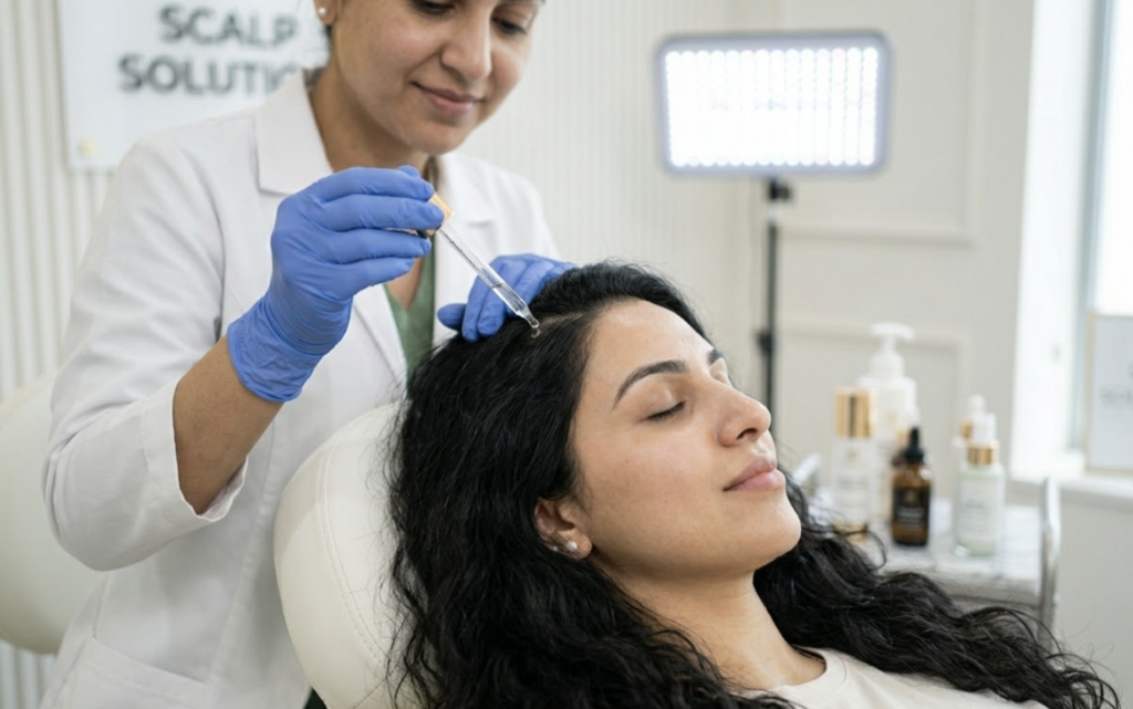 Professional dandruff and scalp treatment being performed at hair clinic on Indian woman