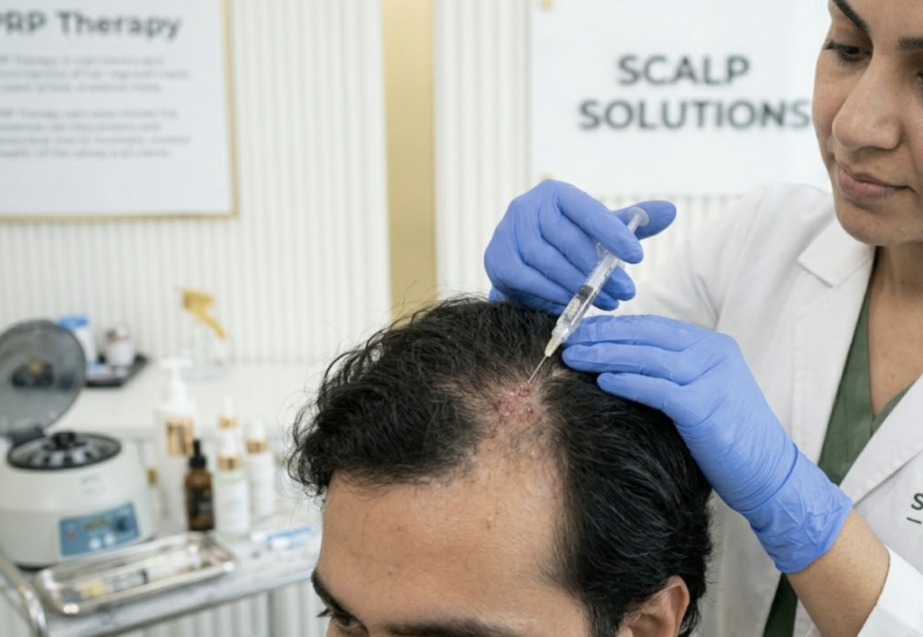 PRP hair regrowth treatment injection on scalp performed by dermatologist at hair clinic India