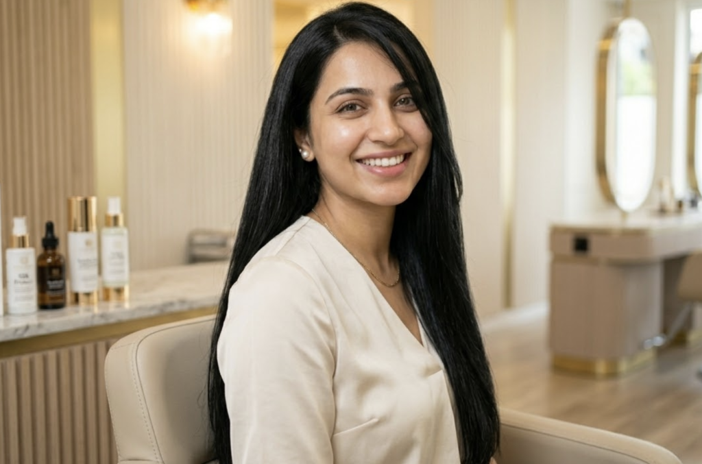Indian woman with smooth shiny frizz-free hair after professional keratin smoothening treatment