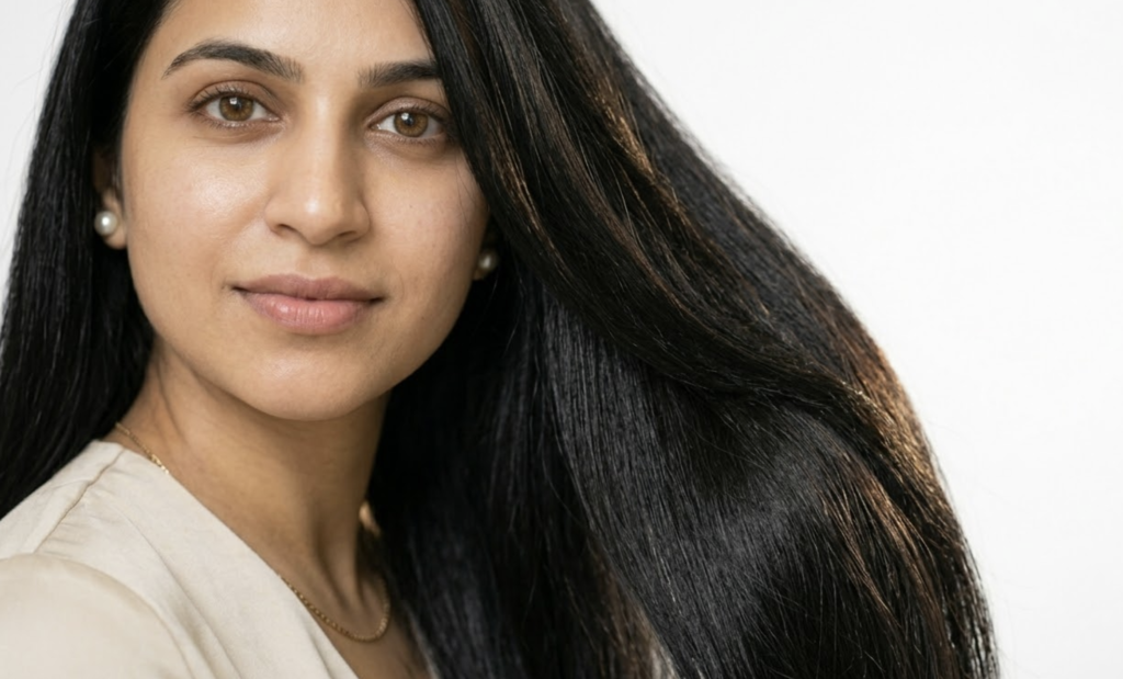 Healthy shiny strong hair after professional hair damage repair treatment at hair clinic