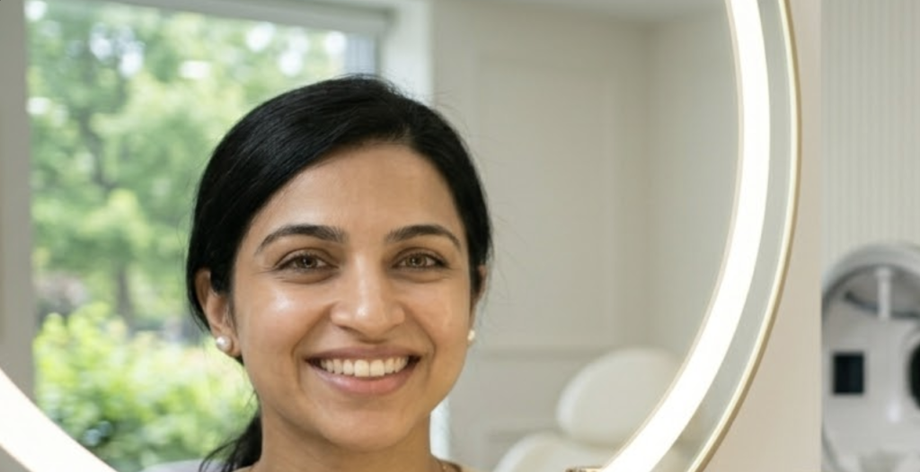 Happy Indian woman with thick healthy hair smiling at modern hair clinic after successful treatment