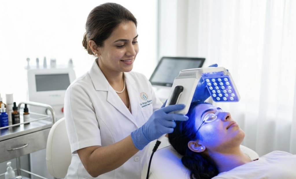 Dermatologist performing LED blue light acne treatment on Indian woman at skin clinic