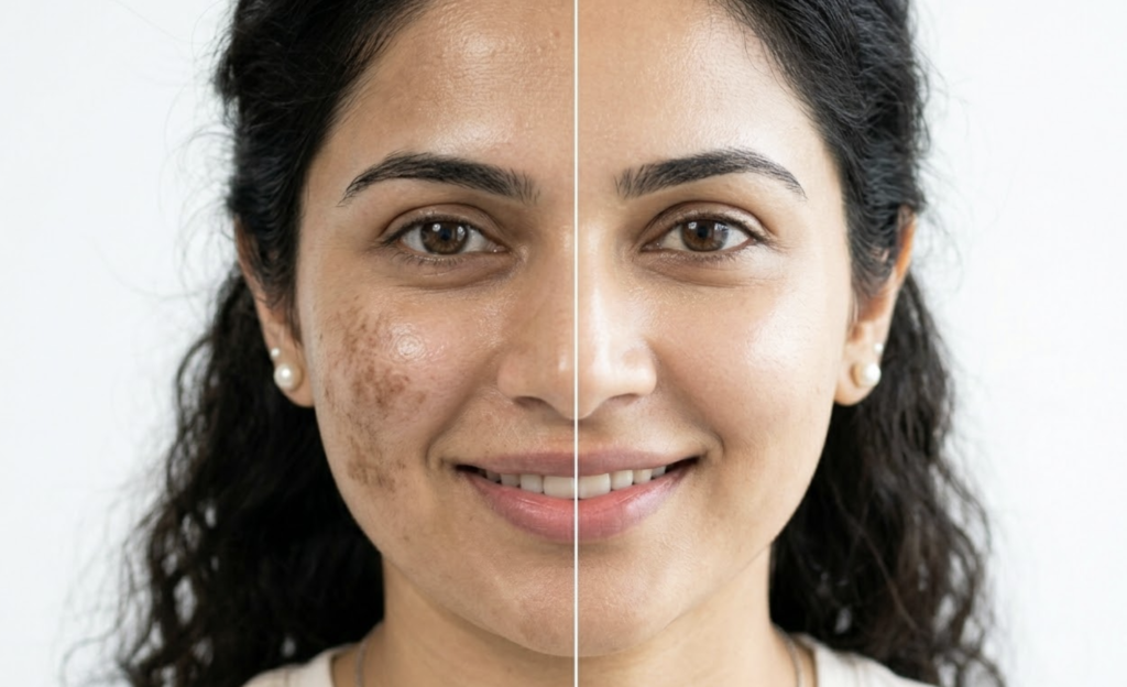 Before and after pigmentation treatment showing clear even skin tone on Indian woman