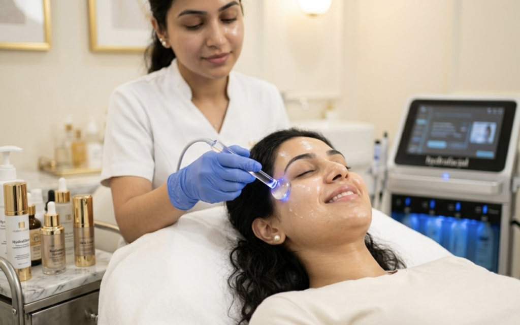 Indian woman receiving hydrafacial glow treatment at professional skin clinic