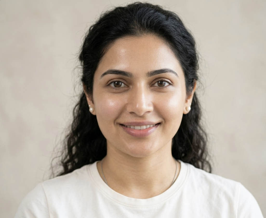 Indian woman with flawless even skin tone after uneven skin tone treatment at clinic