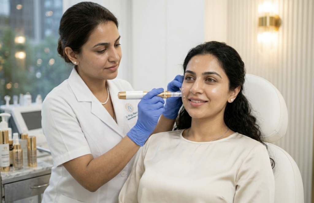 Dermatologist applying anti-ageing microneedling treatment on Indian woman at skin clinic