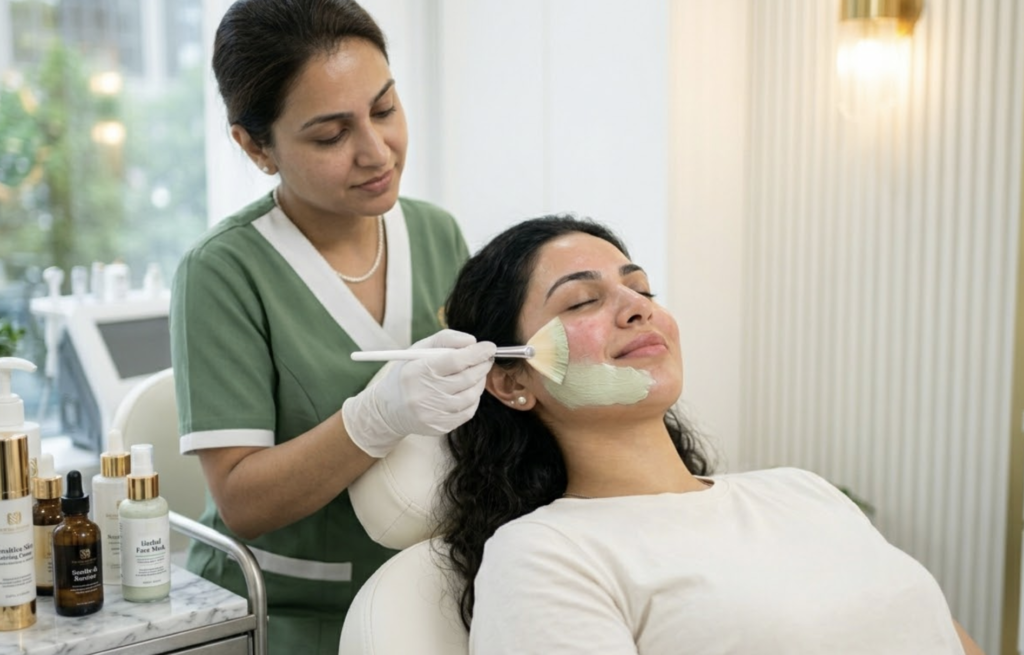 Aesthetician performing gentle calming treatment on sensitive skin at dermatology clinic
