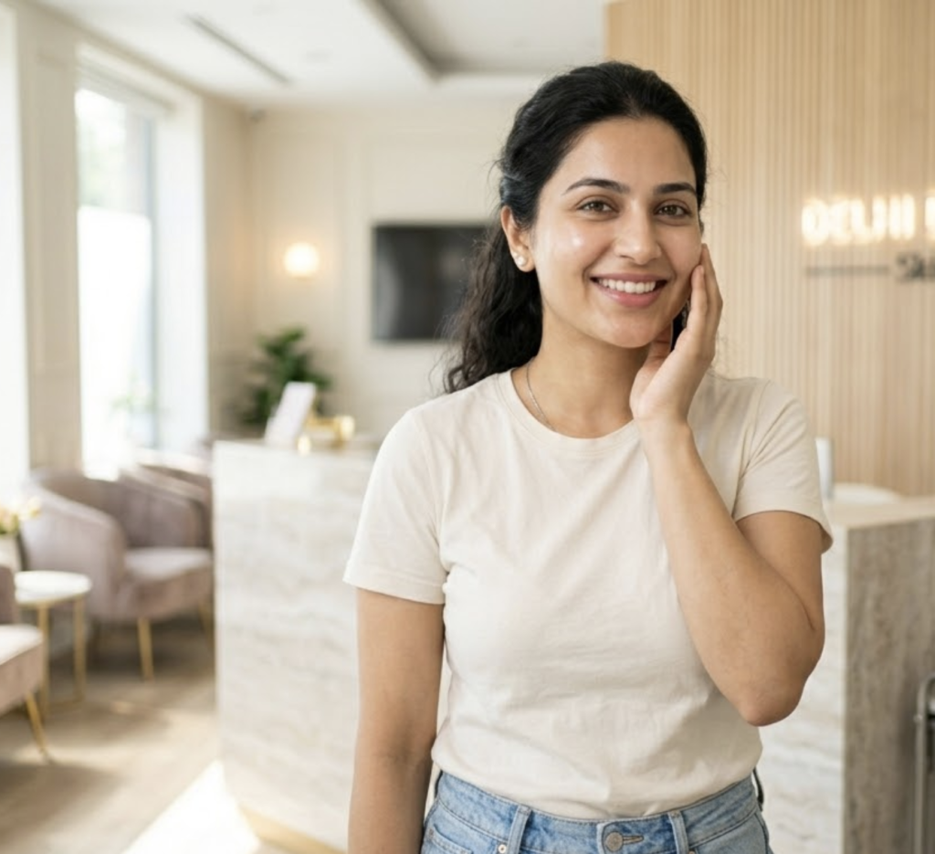 Happy Indian woman with clear glowing skin smiling at modern skin clinic reception